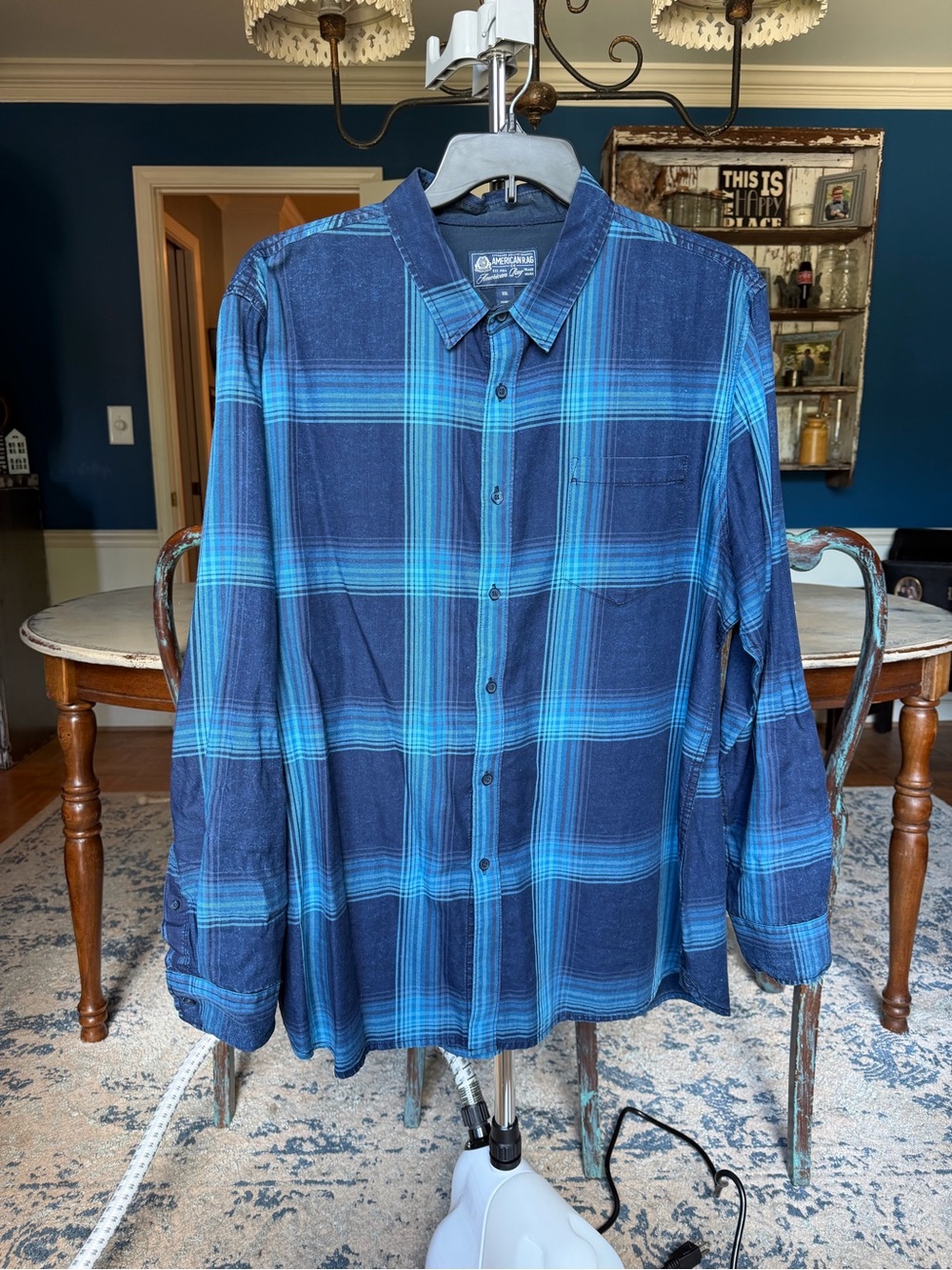 American Rag Navy and Bright Blue Plaid Button-Down Shirt - XXL